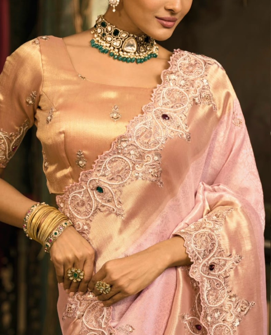 PINK - Blush Pink Handwork Pure Silk Designer Saree
